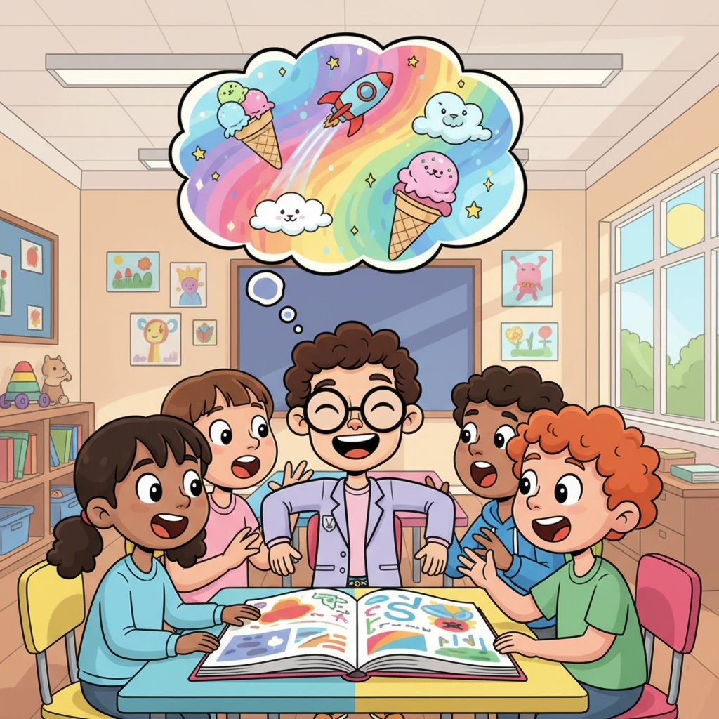 In a classroom, Leo sits with a group of animated classmates, all eagerly discussing a new project. He nods enthusiastically, his head bobbing with exaggerated movements, but a thought bubble above him reveals a completely different, whimsical idea he's too afraid to share.