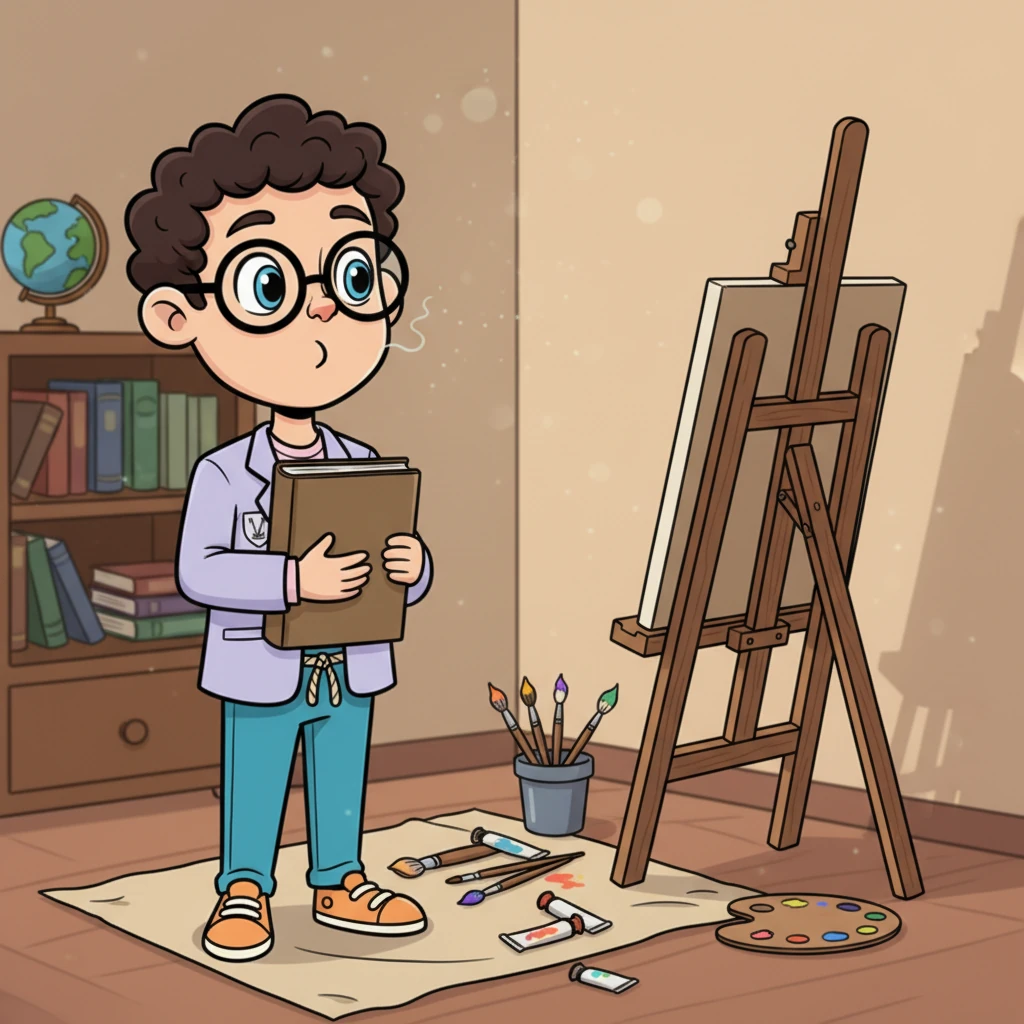 At home, Leo gazes wistfully at a dusty easel tucked away in a corner, paintbrushes scattered beside it. He holds a plain, uninspired textbook, wishing he could swap it for his vibrant art supplies, a silent sigh escaping his lips.