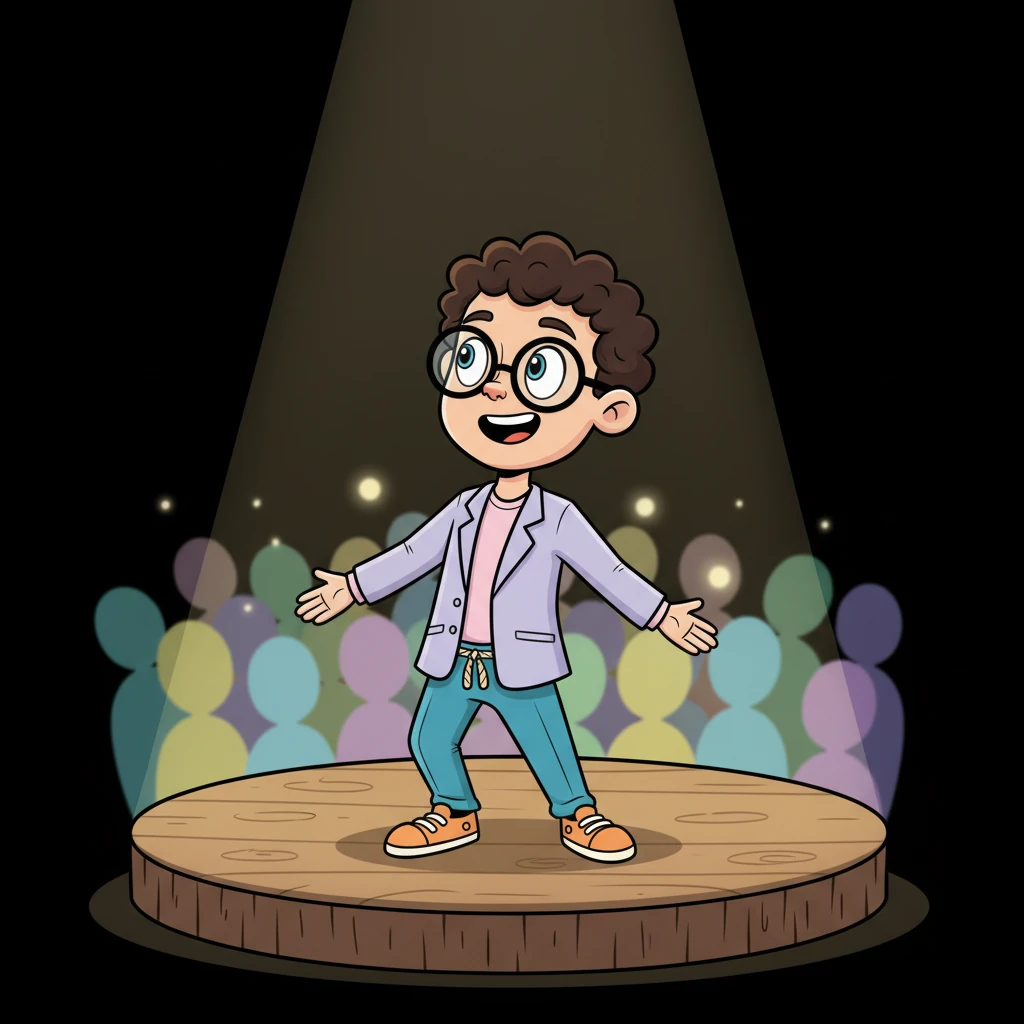 Leo stands on a small, imaginary stage, illuminated by a single, soft spotlight, performing for a blurry, indistinct audience that never seems to leave. His pose is stiff and rehearsed, his smile a practiced line, as if his whole life has become one long show.