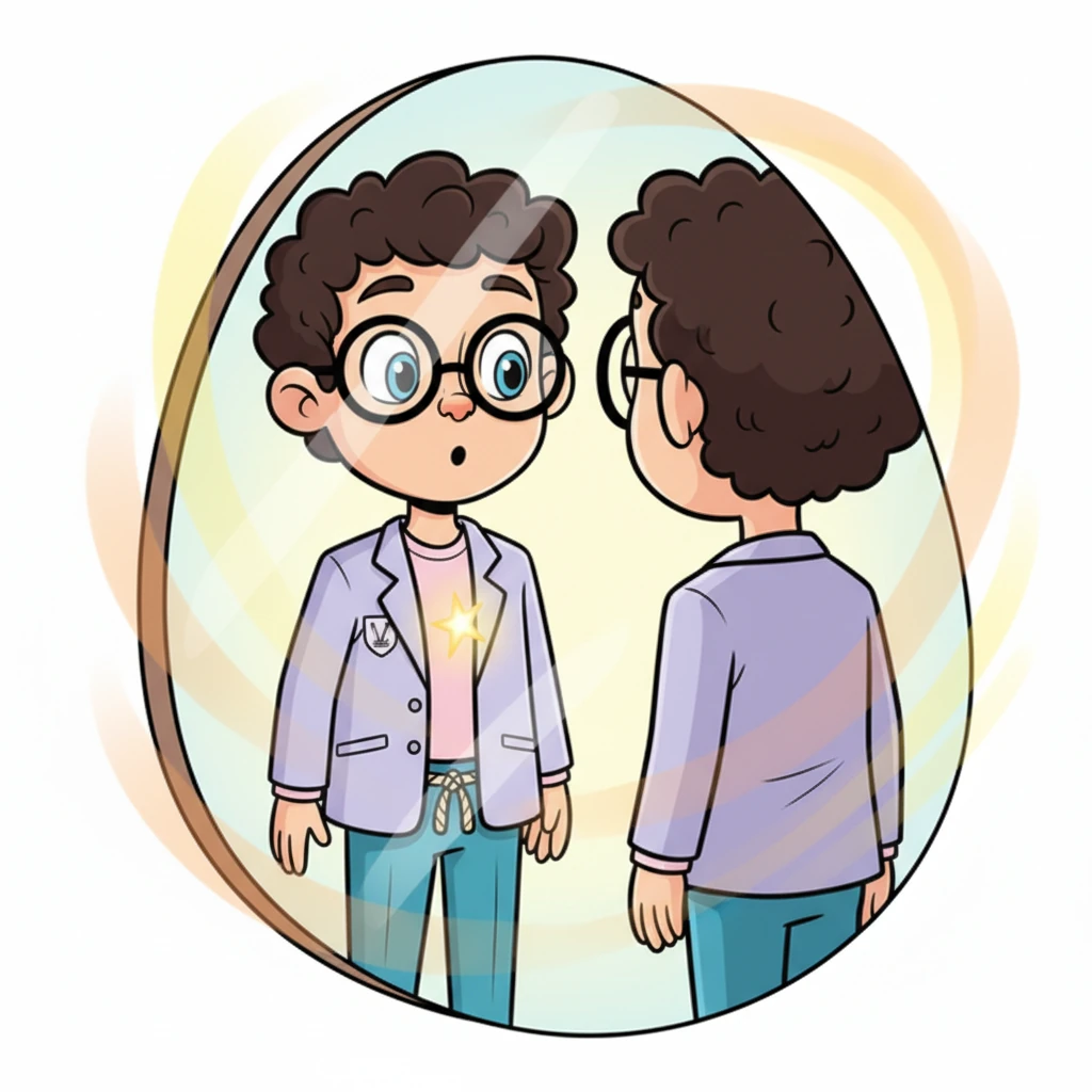 Suddenly, a tiny, golden spark flickers to life in Leo's chest, radiating a gentle warmth that lights up his face. His eyes, still looking at his reflection, widen with a newfound determination, a quiet courage beginning to bloom within him.