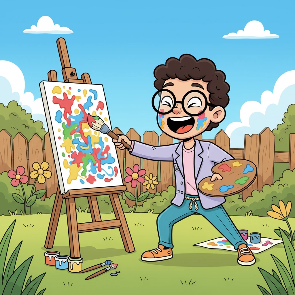 With a burst of newfound energy, Leo rushes to his neglected easel, grabbing a brush and splashing vibrant colors onto a canvas. His face is beaming with genuine joy, paint splatters adorning his cheeks as he creates a wildly imaginative masterpiece.