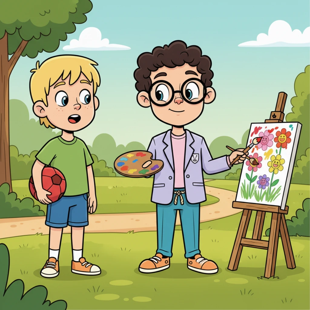 Leo gently but firmly declines an invitation to a game he doesn't enjoy, politely explaining he'd rather finish his painting. His friend, initially surprised, nods understandingly, seeing the genuine passion in Leo's eyes.