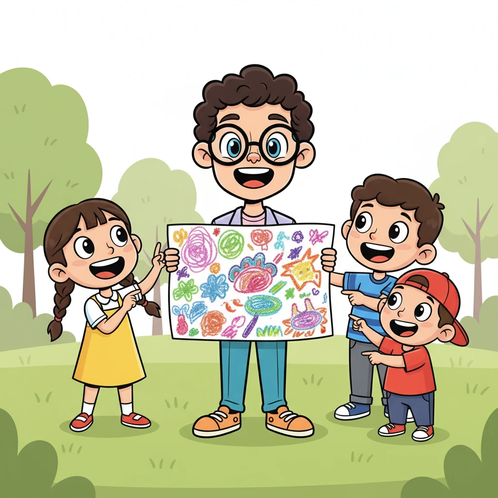 Leo proudly shows his unique, colorful artwork to a small group of friends who gather around him, their faces alight with genuine delight and curiosity. They laugh and point at the playful details, truly appreciating his creative spirit.