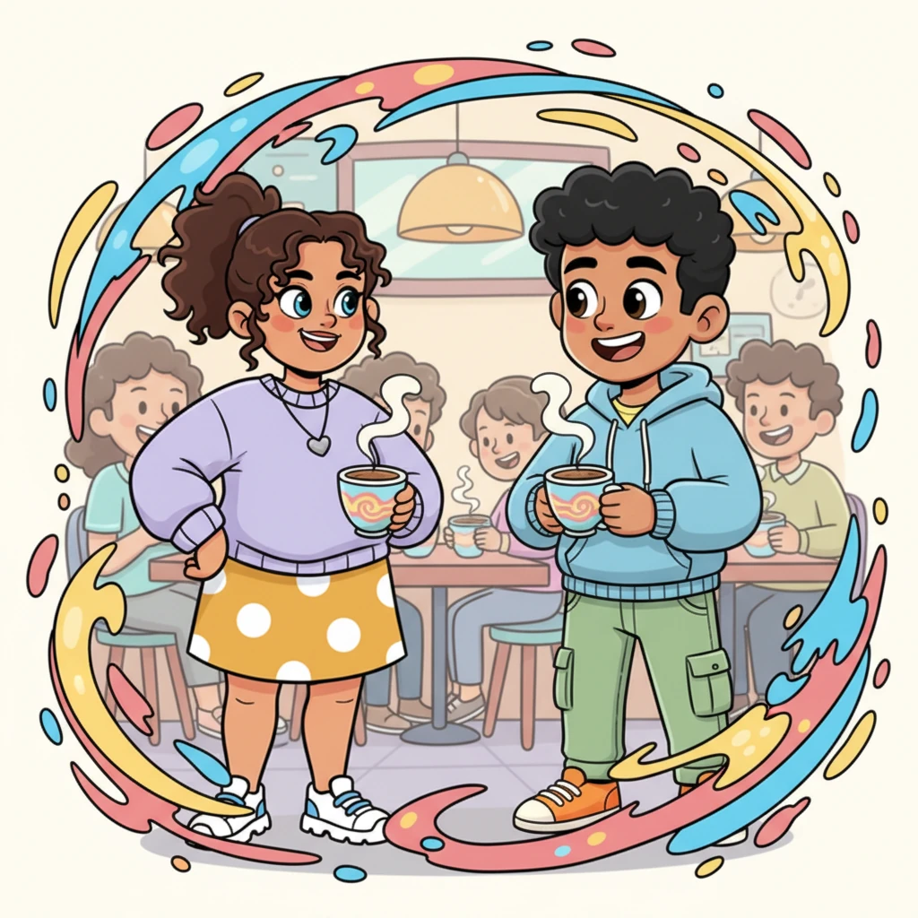 Laura, with a mischievous twinkle in her eye, first meets Khalid, whose playful grin is instantly captivated. Bright, swirling colors surround them, hinting at the exciting journey ahead. They stand in a bustling, cartoonish cafe, coffee cups steaming cheerfully.