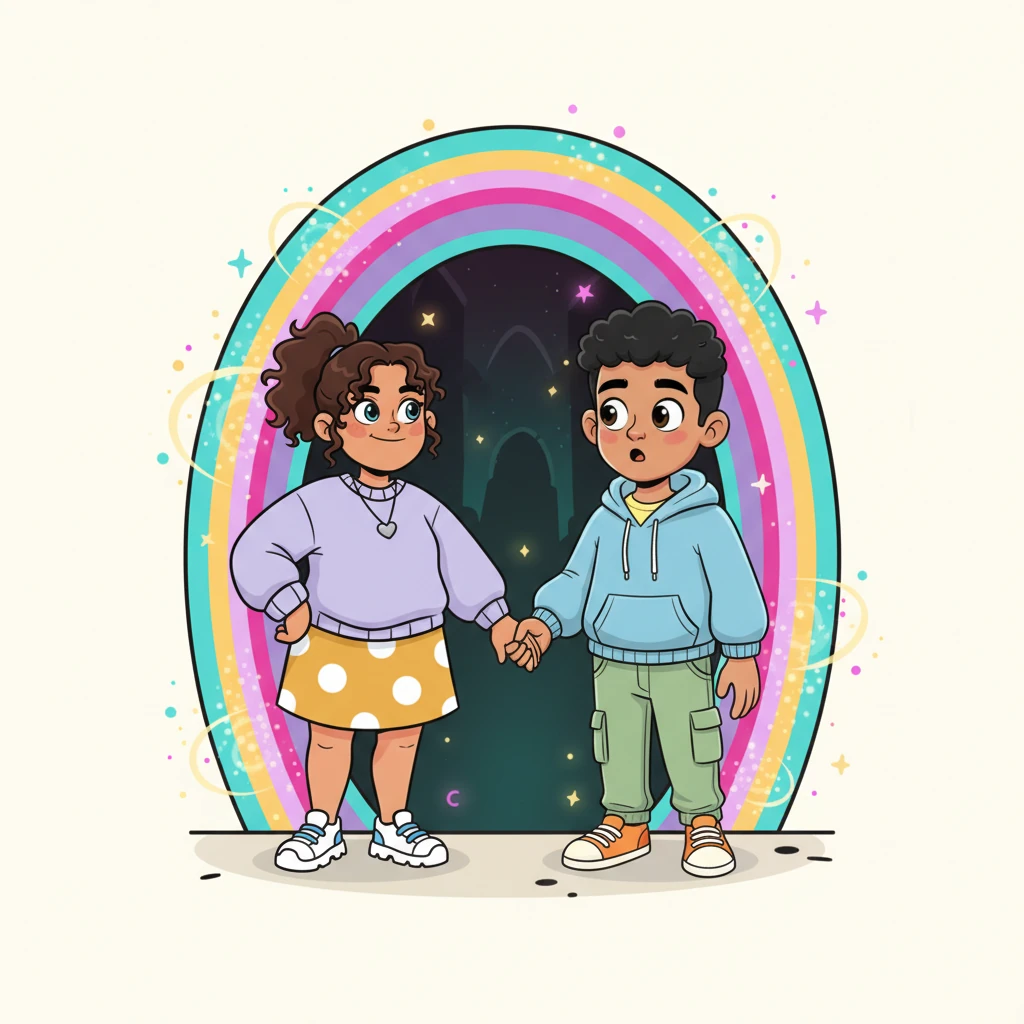 Laura, with a confident, knowing smile, playfully takes Khalid's hand, leading him into a world of shared secrets. Khalid's expression is a mix of curiosity and eager anticipation, his eyes wide with wonder. They are silhouetted against a fantastical, shimmering doorway.