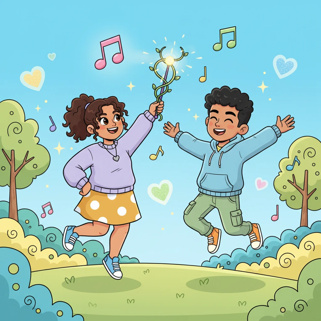A vibrant, whimsical scene unfolds as Laura, a playful conductor, sets the rhythm of their unique dance. Khalid, drawn in by her charm, follows her cues with joyful enthusiasm, surrounded by floating musical notes and sparkling hearts. He's learning to savor every moment of playful anticipation.