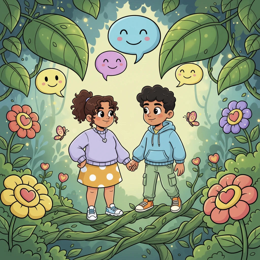 Their connection deepens like intertwining vines in a magical garden, each leaf a shared laugh, each bloom a mutual understanding. Laura's gentle guidance and Khalid's heartfelt trust form the strong roots of their extraordinary bond. Butterflies flutter around them, symbolizing their evolving relationship.