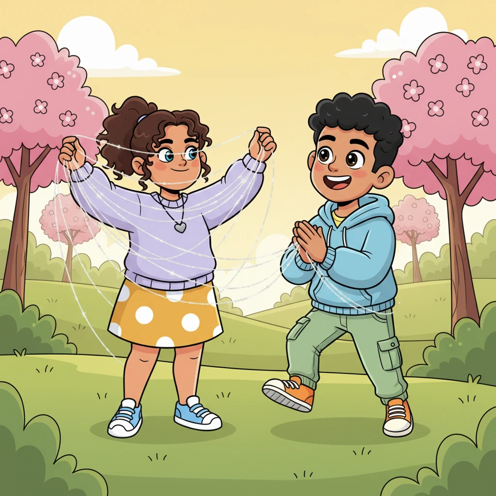 Laura, a master of delightful anticipation, spins a web of thrilling moments, keeping Khalid delightfully on his toes. He's completely enchanted, a wide, blissful smile on his face, eagerly awaiting her next playful gesture. The scene is filled with shimmering, invisible threads of excitement.