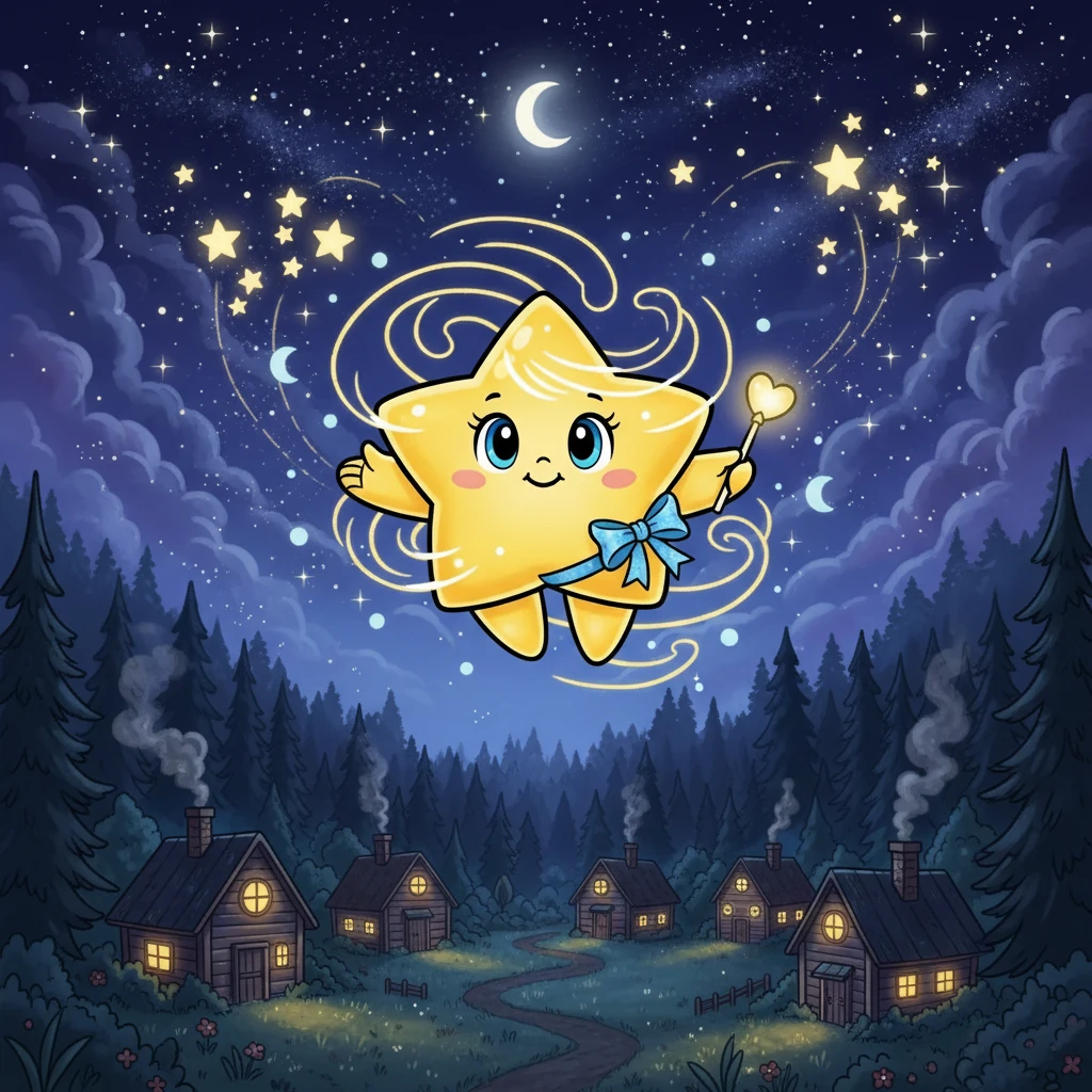 Below, in a cozy forest village, a young girl named Mira gazed at the stars each night. She loved the twinkling lights, finding beauty in every tiny spark that shimmered above her home. She wished she could reach out and touch them.