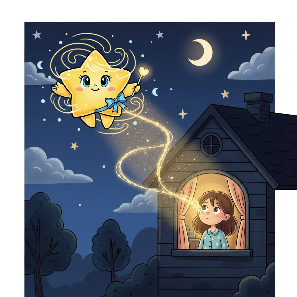 One night, Luma noticed Mira looking up at her, and a magical thread of starlight reached out. A tiny ray of Luma's light touched Mira's window, filling her heart with a gentle sense of hope and wonder.