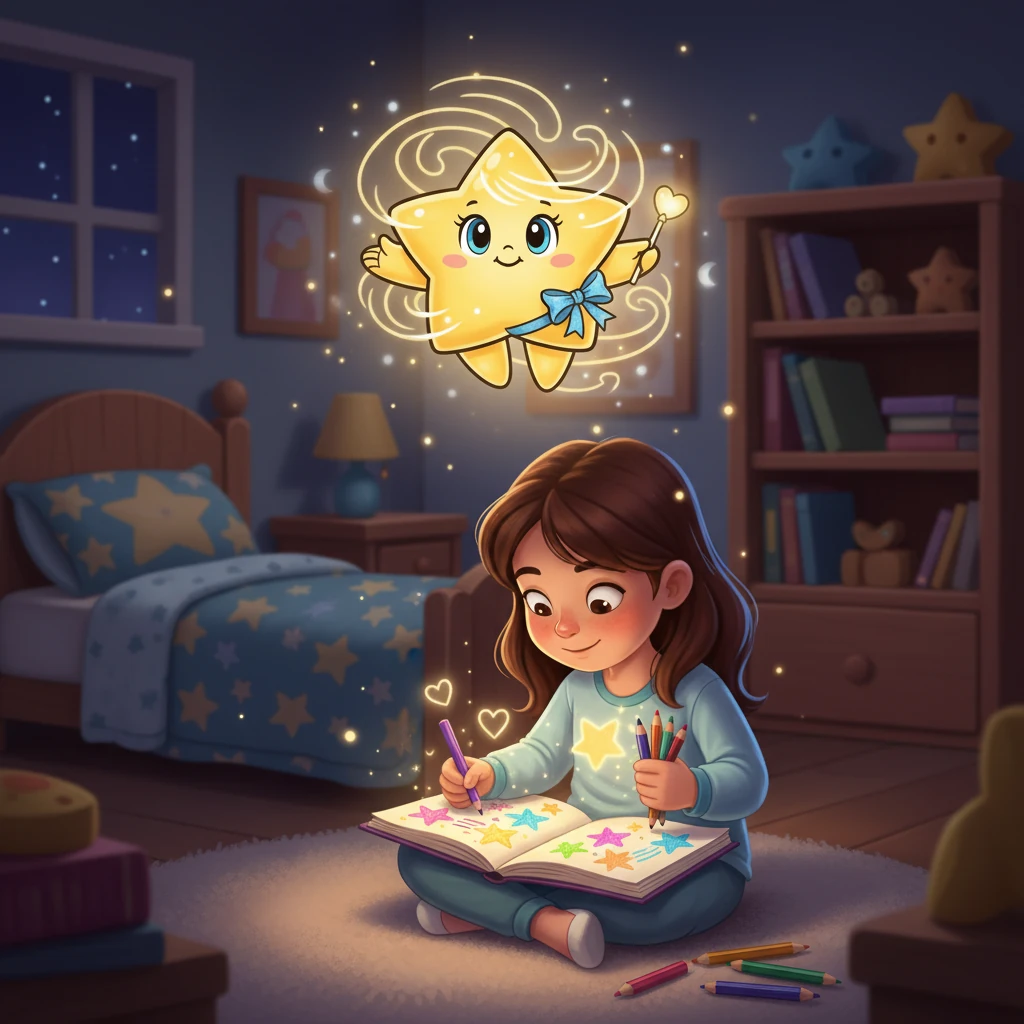 Every night, Luma's light guided Mira as she drew. Mira filled her pages with colorful stars, each drawing making her heart shine with joy and sparking her imagination. Luma was filled with a sense of purpose.