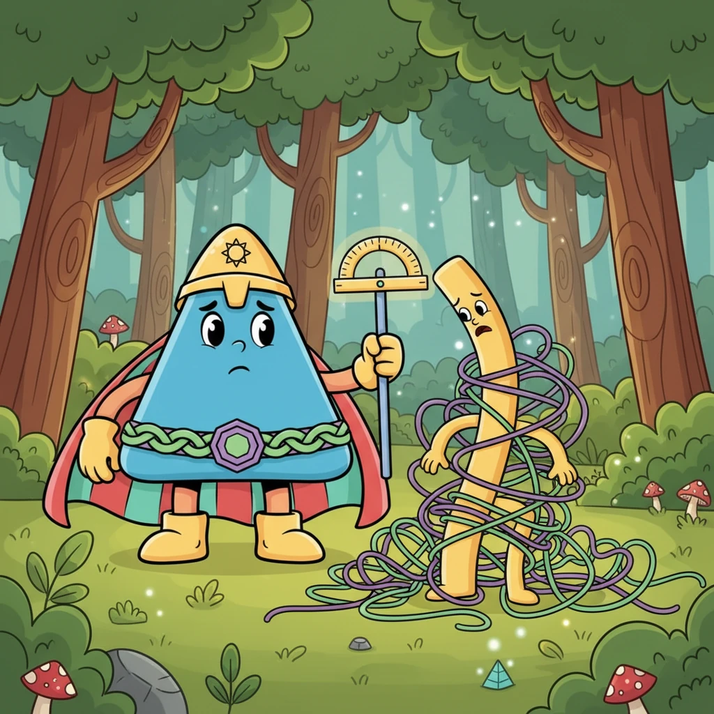 Орманның қалың жерінде Ұшбұрыш батыр Түзу сызық жігітті тапты. Ол бұралаң және шатасқан сызықтардың торында тұтқынға түсіп қалған еді, өзін тік ұстай алмайтын. Оның әдеттегі түзу және тегіс формасы жоғалып, көмекке мұқтаж еді.