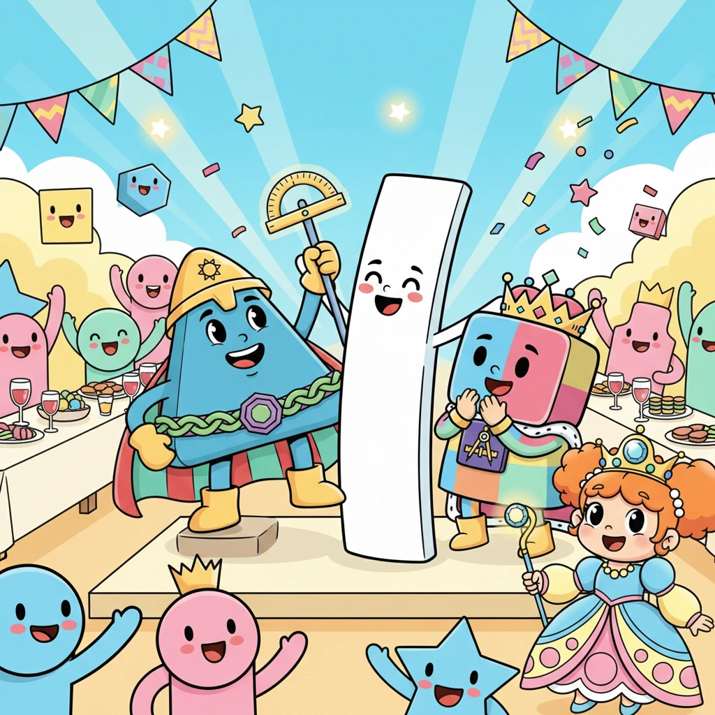 Түзу сызық жігіт Геометрия әлеміне оралғанда, барлық пішіндер үлкен той тойлады. Олар Ұшбұрыш батырдың ерлігін мадақтап, барлық пішіндердің, тіпті қарапайым түзу сызықтың да қаншалықты маңызды екенін түсінді. Әлем қайтадан жарқын және гармониялы болды, достық пен білім мерекесі басталды.