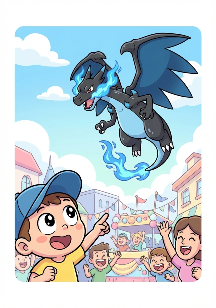 Leo llega al lugar del desfile y sus ojos se abren de asombro. El primer Pokémon Shiny es un Charizard, con escamas negras brillantes y llamas azules intensas.