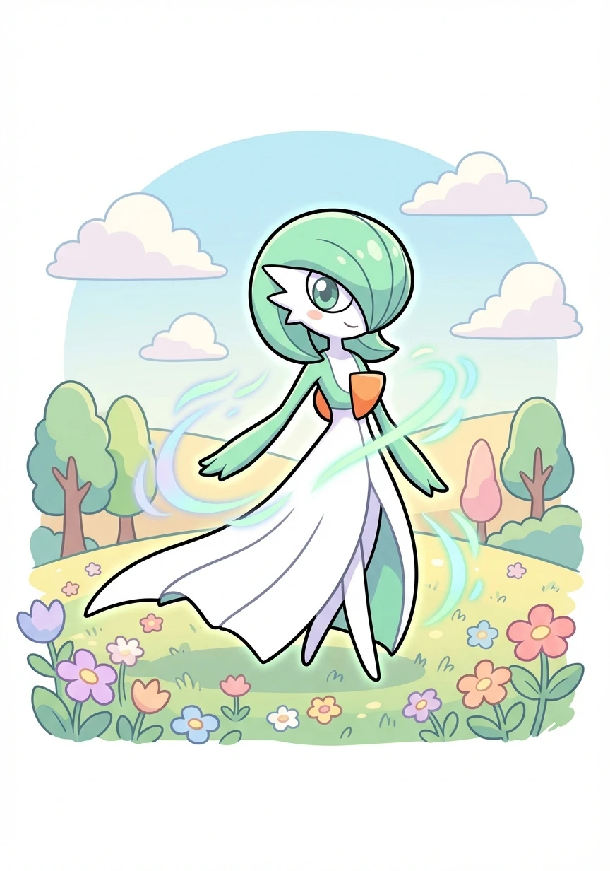 Un Gardevoir Shiny, con su vestido blanco y verde menta, desfila con gracia y serenidad, irradiando una energía calmante.
