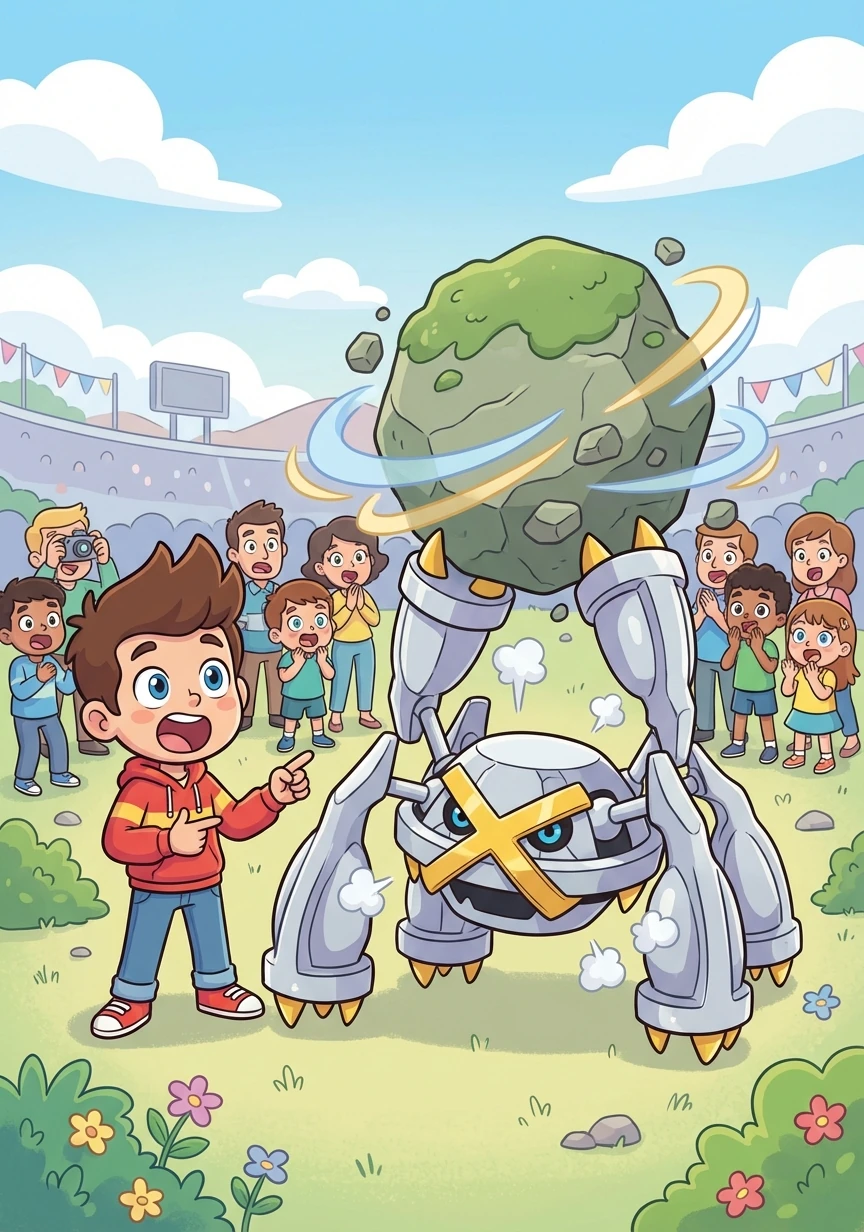 Luego, un Metagross Shiny, con su cuerpo plateado y cruces doradas, demuestra su fuerza y poderío, impresionando a la multitud.