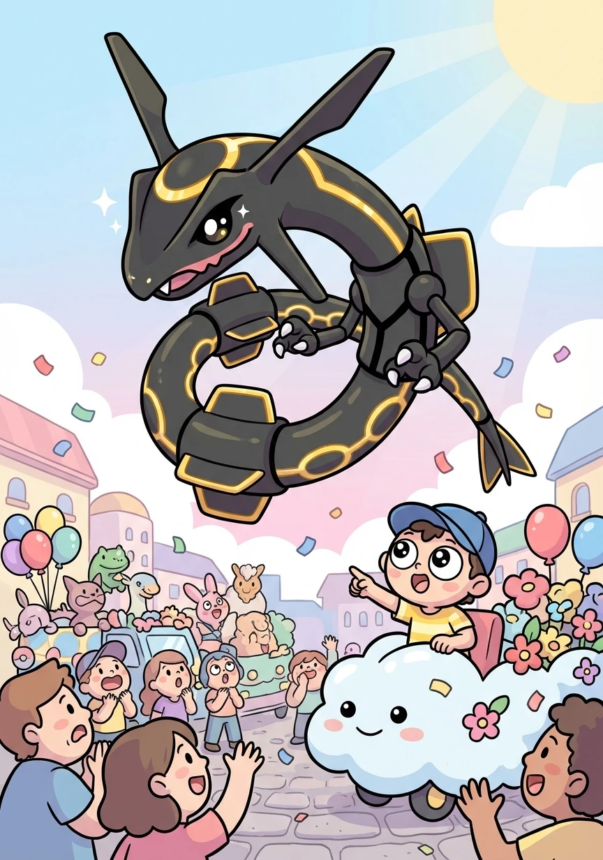 Finalmente, un Rayquaza Shiny, de color negro y detalles dorados, sobrevuela el desfile, dejando a todos sin aliento con su majestuosidad.