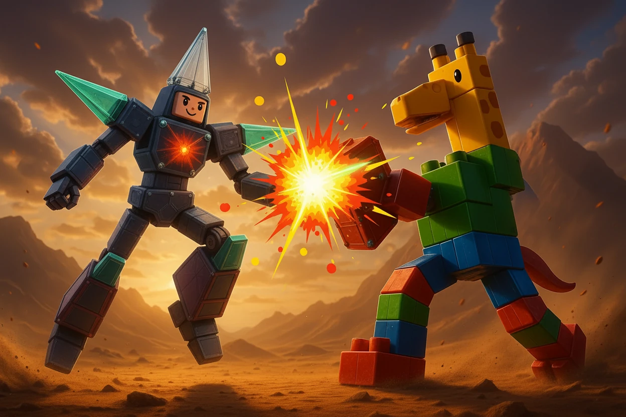 بدأت المعركة! غاندام الخير يطلق النار على غاندام الشر، بينما يدافع الأخير بشراسة. الانفجارات تضيء السماء.