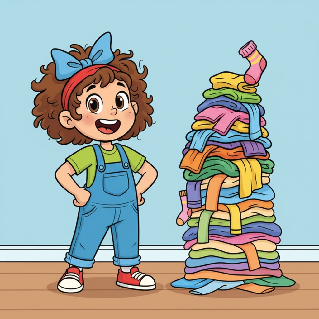A bright-eyed Missy grins widely, standing proudly beside a towering, colorful pile of clothes. Her hands are on her hips, and a playful sparkle is in her eyes, ready to help with a big chore.
