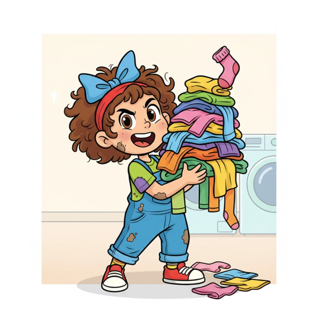 Missy, with great determination, scoops up a huge, unruly heap of clothes. Socks, shirts, and sheets of all colors tumble into her arms, forming a comical, wobbly mountain.