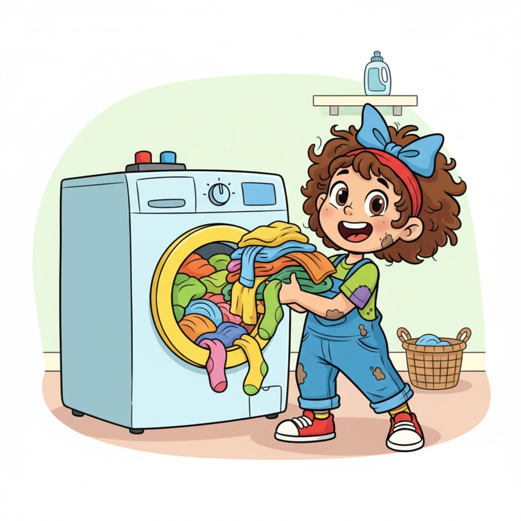 She gleefully stuffs the overflowing laundry into the washing machine. A cartoon washing machine with a wide-open door swallows the colorful clothing, leaving only a few stray socks peeking out.
