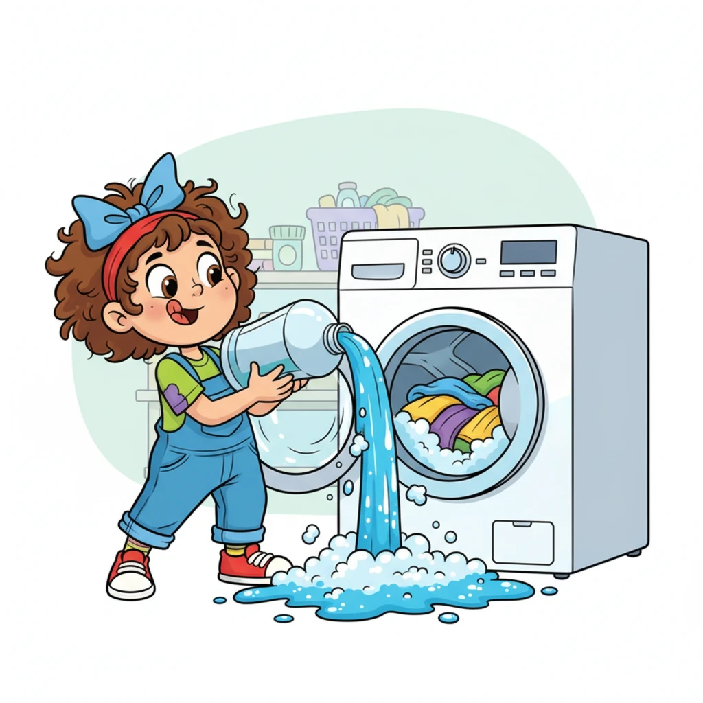 Missy holds a giant bottle of soap, pouring a ridiculously large amount into the washer. The soap bottle is cartoonishly oversized, and thick, bubbly glugs spill out, looking like a magical potion.