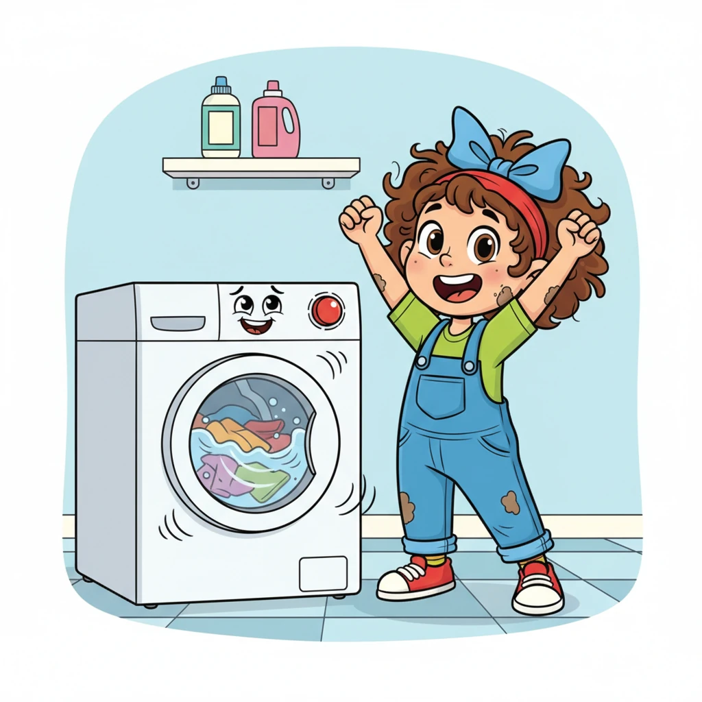 With a triumphant press of a big red button, Missy steps back, her hands still raised in excitement. The washing machine begins to rumble, and a mischievous glint appears in its cartoon eyes.