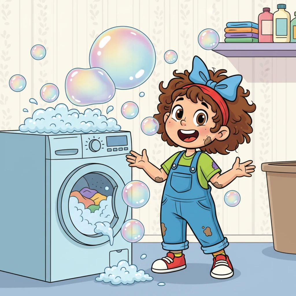 Suddenly, giant, shimmering bubbles erupt from the washing machine, bouncing and spraying everywhere! Missy looks on with wide-eyed surprise, a mix of shock and delight on her face.