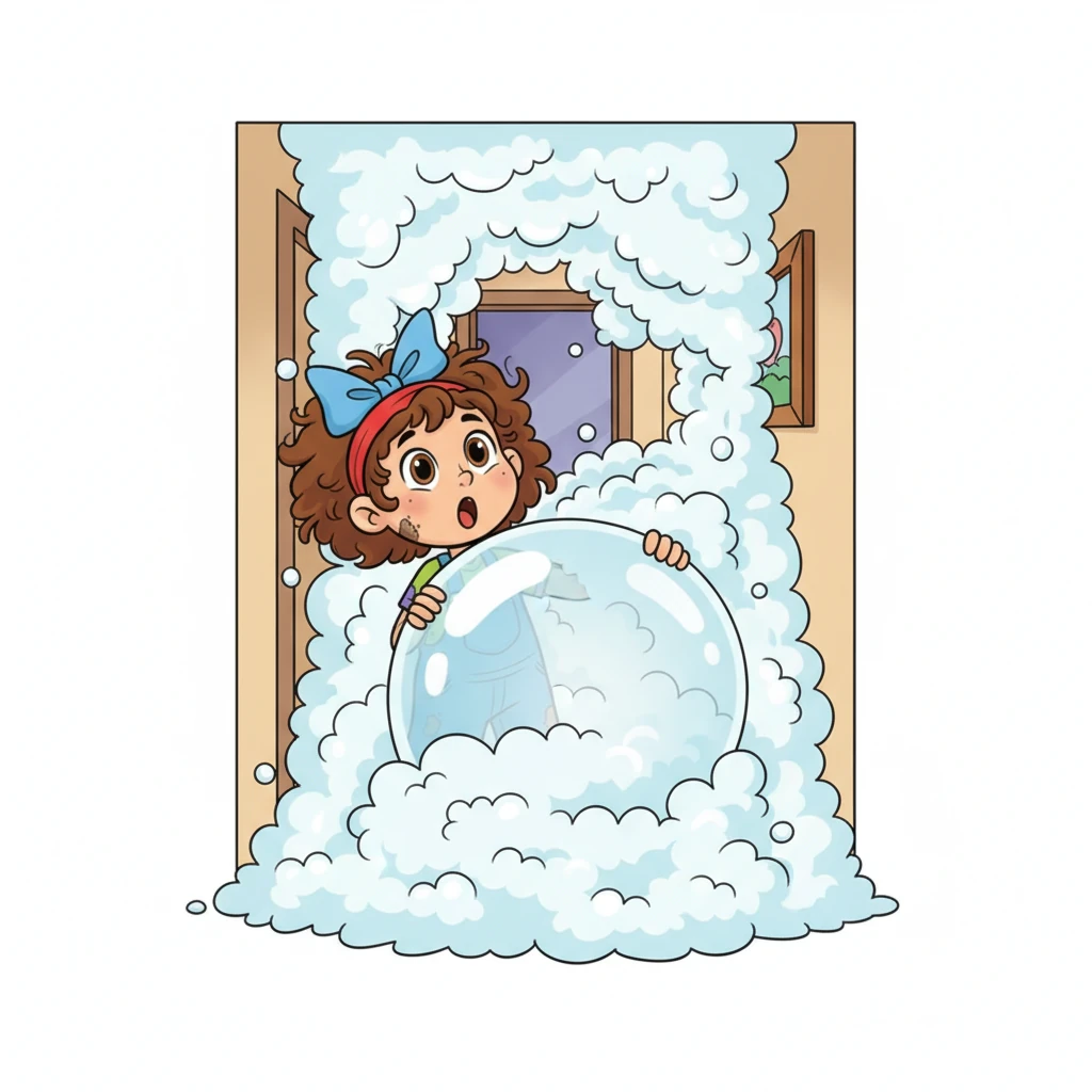 The bubbles have completely filled the hallway, forming a soft, white mountain that reaches almost to the ceiling. Missy peeks out from behind a particularly large bubble, her expression one of utter amazement.