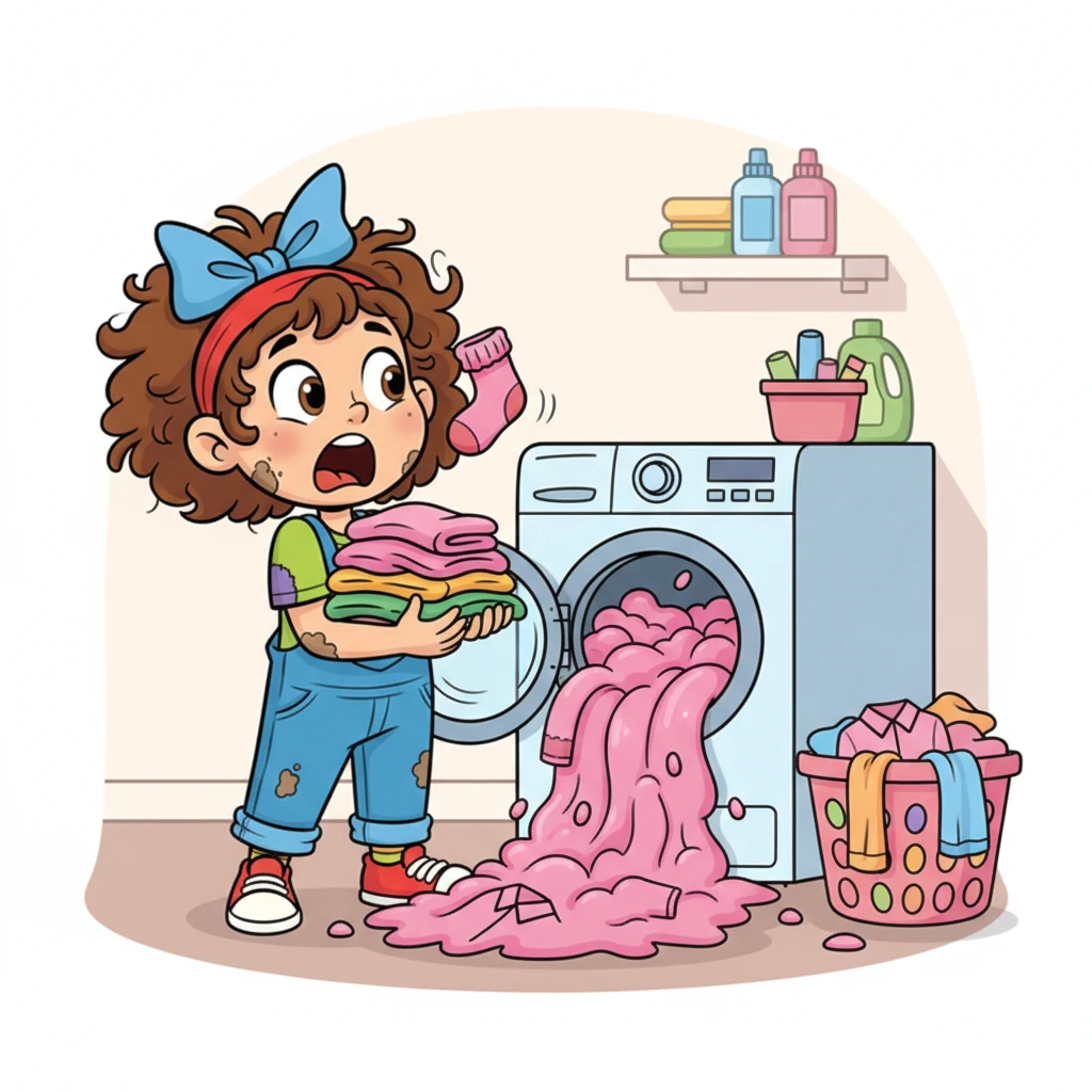 When the washing machine door finally opens, Missy gasps! All the clothes, including Dad's shirts and Mom's towels, are now a cheerful, uniform shade of bright pink. A lone pink sock floats by her nose.