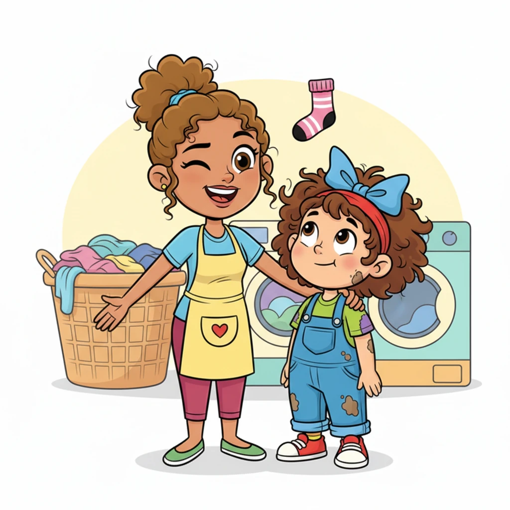 Mom stands next to Missy, playfully winking and smiling, not upset at all. Missy looks up at her, a little bit sheepish but also relieved, as a pink sock drifts past Mom's ear.