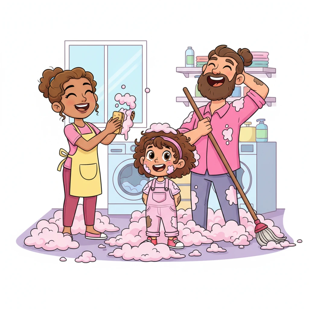 The family, including Dad in a pink shirt, is laughing joyfully while cleaning up the remaining suds. They are all pink, but happy, with Missy in the center, realizing a valuable lesson with a smile.