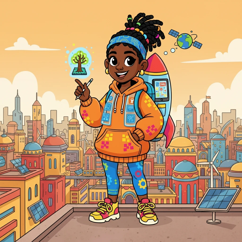 Amina, a bright young girl with a passion for technology, gazed upon the vibrant cityscape of a bustling African metropolis. She dreamt of a future where technology could solve problems and improve lives. Her imagination soared as she envisioned a world connected by innovation.