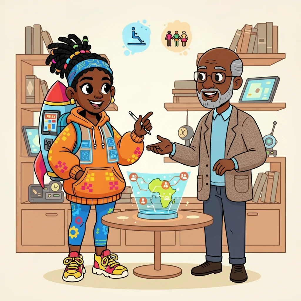 Amina met Mr. Ade, a wise mentor who saw her potential. He encouraged her to share her vision for a digitally empowered Africa. Together, they discussed the importance of accessibility and inclusivity in technology.