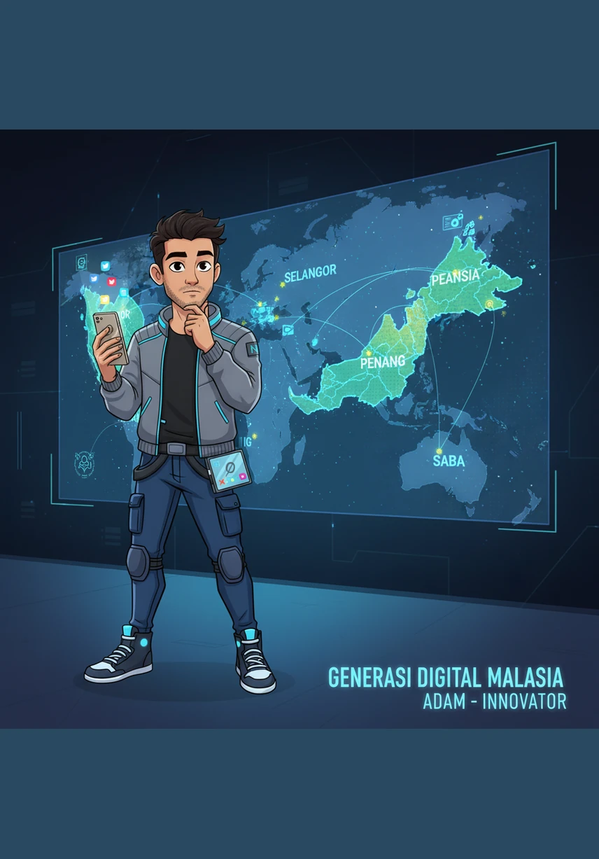 Adam berdiri di hadapan sebuah peta digital Malaysia yang bercahaya, melambangkan kemajuan teknologi yang menghubungkan seluruh pelosok negara. Dia menyedari bahawa di sebalik kemudahan internet, terdapat tanggungjawab besar untuk mengekalkan keharmonian dalam kalangan rakyat yang berbilang kaum.