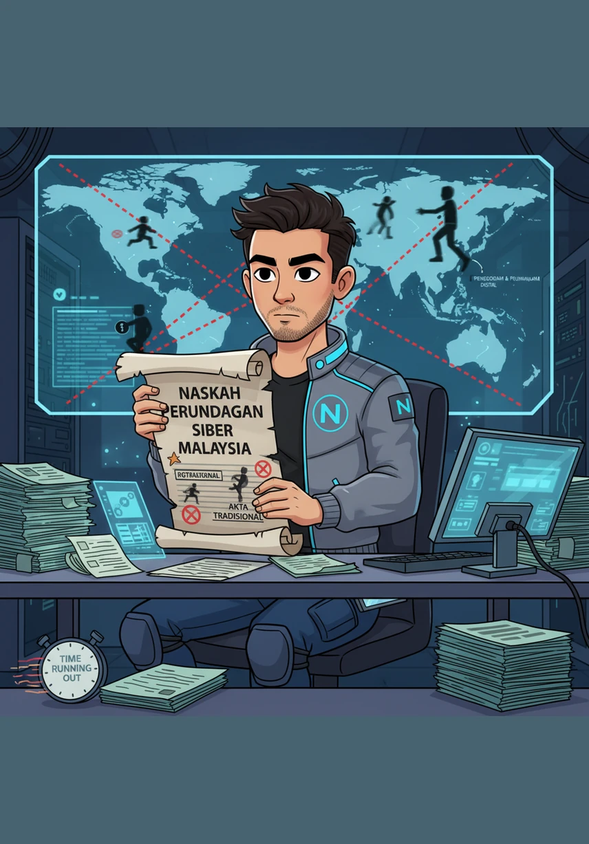 Adam meneliti naskah perundangan siber yang masih mempunyai banyak kelemahan dalam menangani jenayah rentas sempadan. Tanpa undang-undang global yang seragam, Malaysia terpaksa bergantung kepada akta tradisional yang sukar mengejar kepantasan taktik penggodam dan penjenayah digital yang sentiasa berubah.