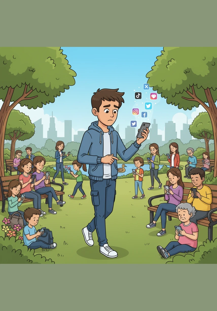 Adam melintasi sebuah taman di mana orang ramai duduk berdekatan tetapi masing-masing hanya berinteraksi dengan gajet di tangan. Amalan kunjung-mengunjungi dan komunikasi bersemuka semakin berkurangan kerana masyarakat kini lebih selesa membina hubungan maya yang kurang nilai kemanusiaannya.