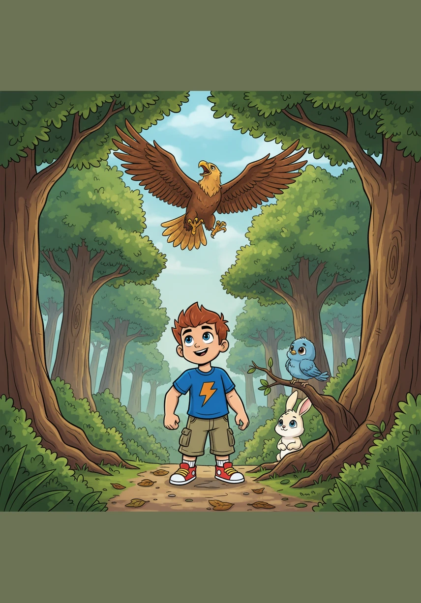 High above, a golden eagle circled the sky, its piercing cry echoing through the quiet valley. Max watched in awe, feeling small but brave as he continued his solitary trek through the towering oaks.