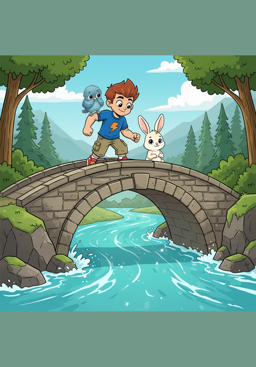 He encountered a narrow stone bridge arching over a rushing, turquoise river that sparkled in the sunlight. With steady steps, Max crossed the bridge, watching the water swirl and foam against the ancient rocks below.