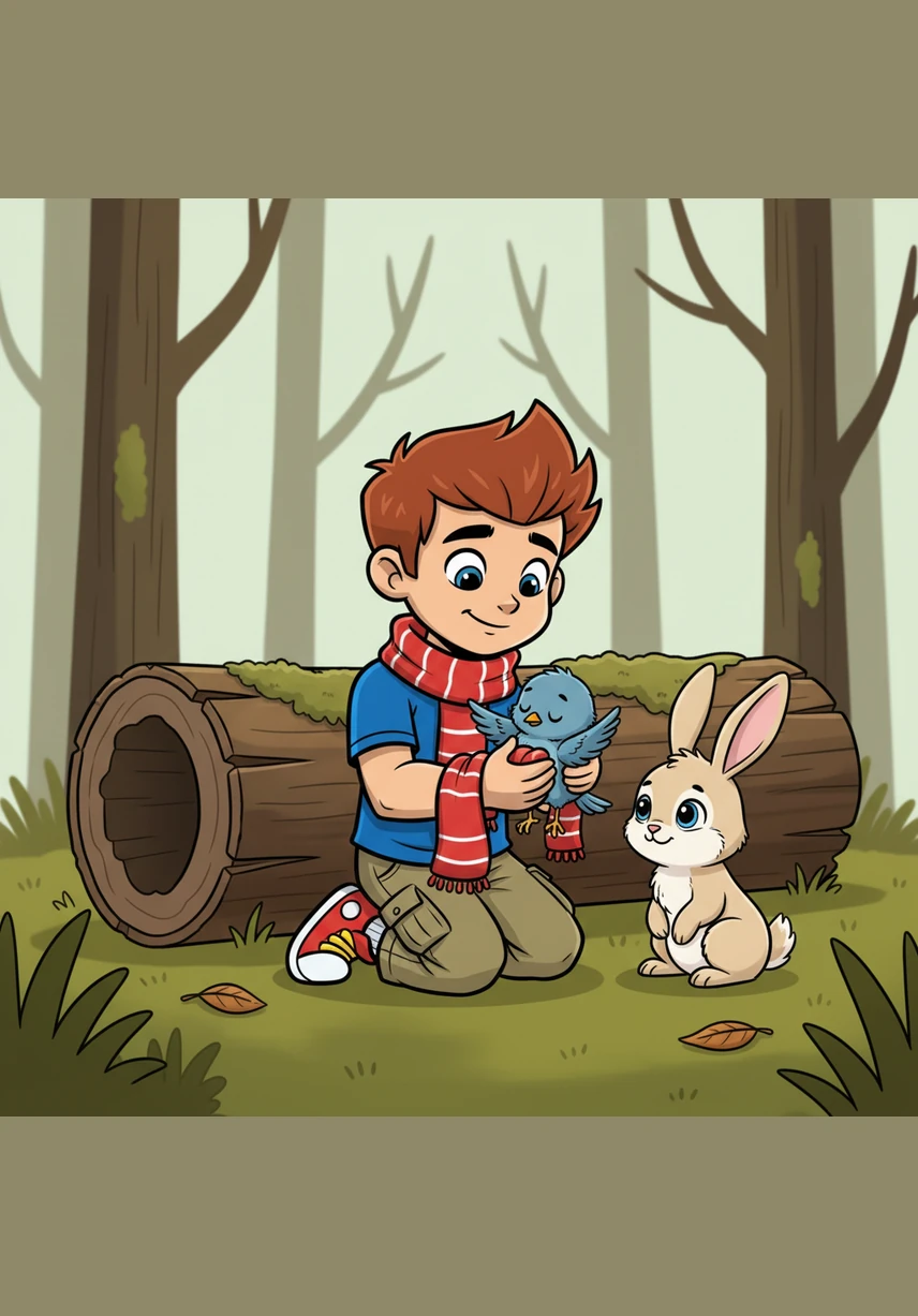 As he began his descent, he noticed a small bird with a tired wing shivering near a hollow log. Max carefully wrapped the bird in his soft scarf, promising to keep it safe and warm until they reached the safety of home.