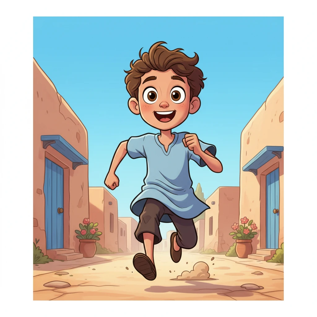 Avi, a slender boy with wide, hopeful eyes, bursts with energy. He's just seen a miracle! His face glows with sheer delight as he sprints through dusty streets, his simple tunic fluttering behind him, eager to share the incredible news.