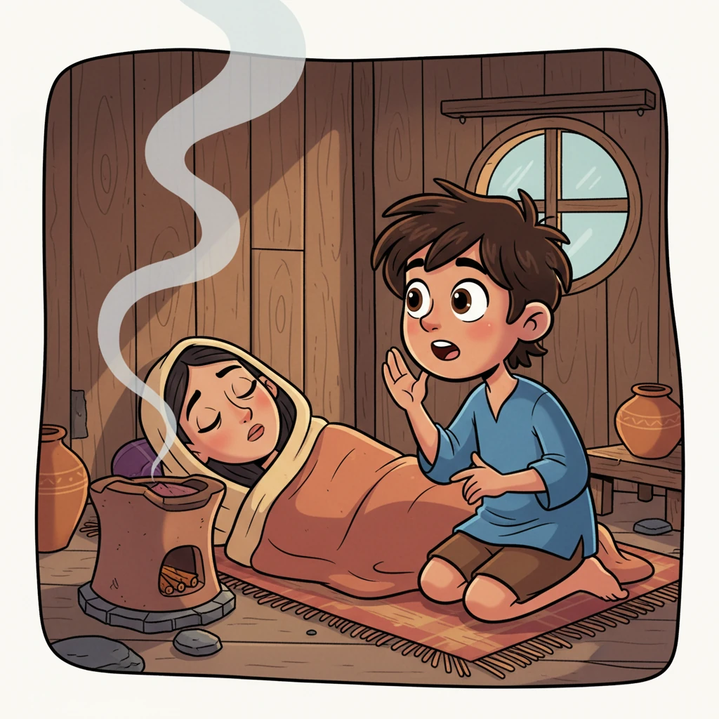 Avi arrives at his humble, slightly worn home. Inside, his dear mother lies on a thin mat near a small, smoky stove, her face pale and drawn. Avi kneels beside her, his bright eyes full of conviction, whispering about the healer.