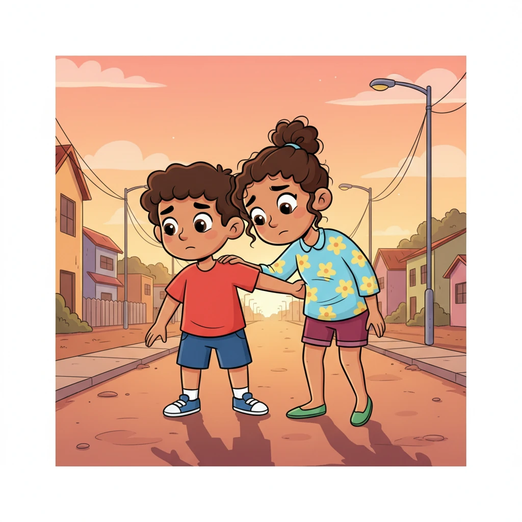 With renewed determination, Avi gently helps his frail mother to her feet. Leaning on his small shoulder, she shuffles slowly, their shadows stretching long as they hurry back to the street, only to find it deserted and quiet.
