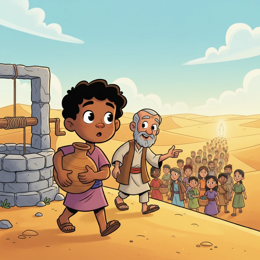 The next morning, Avi heads to the well, a heavy water jug on his hip. He sees a bustling crowd moving towards the horizon. A kind man tells him they are following the healer into the vast, golden desert.
