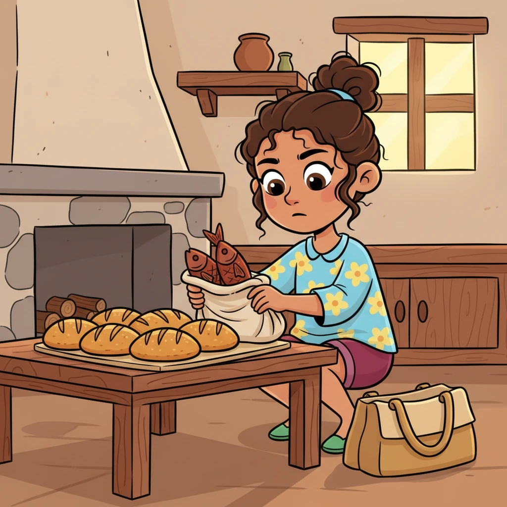 With meticulous care, Avi bakes five small loaves of bread from their meager flour and wraps them with two precious sun-dried fish. This small, heartfelt offering, his entire pantry, he places in his simple bag, ready for his journey.