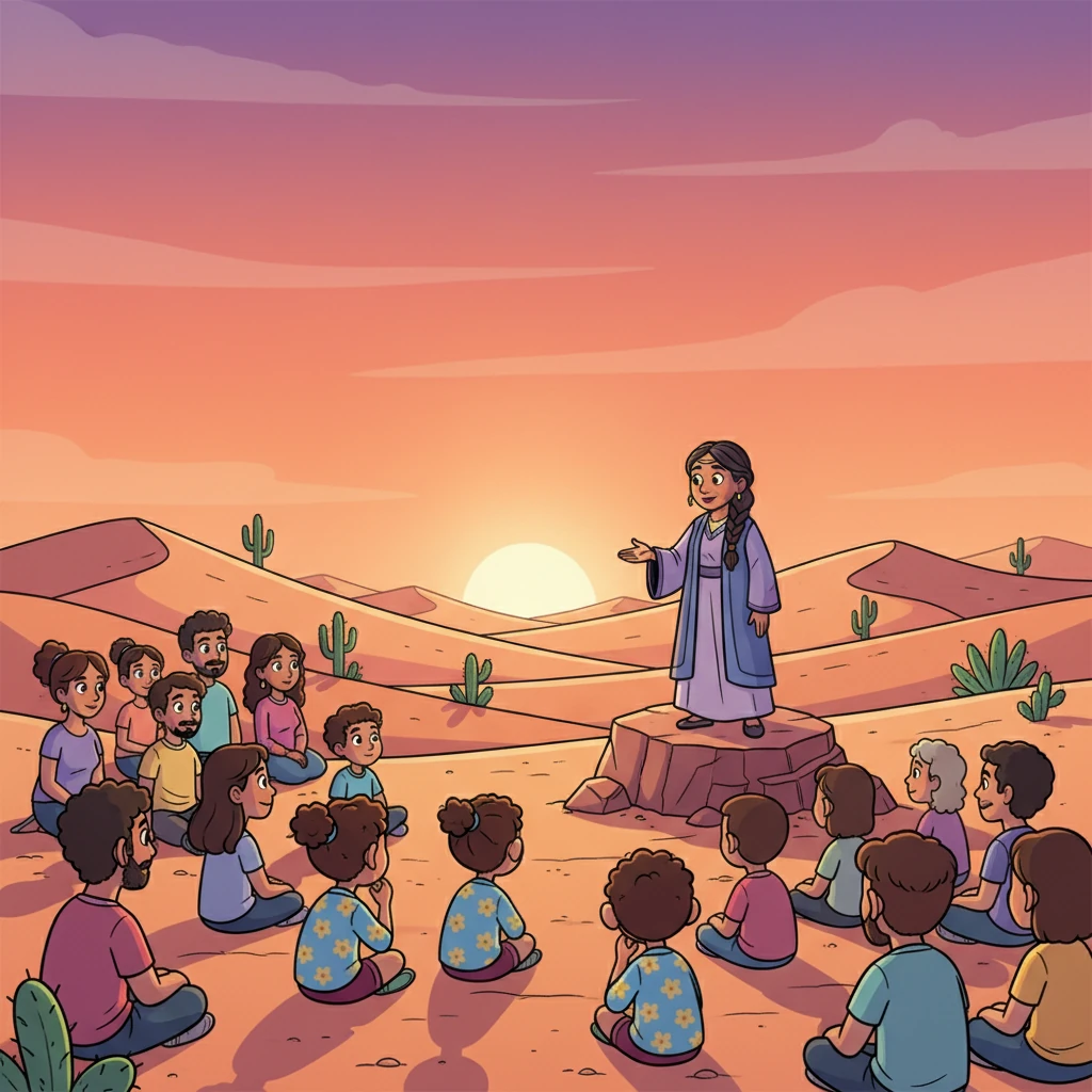 Avi journeys through the warm desert, arriving as the sun begins to dip low. He finds a spot among the crowd, listening intently as the kind healer speaks of a beautiful kingdom where there is no pain or sorrow.