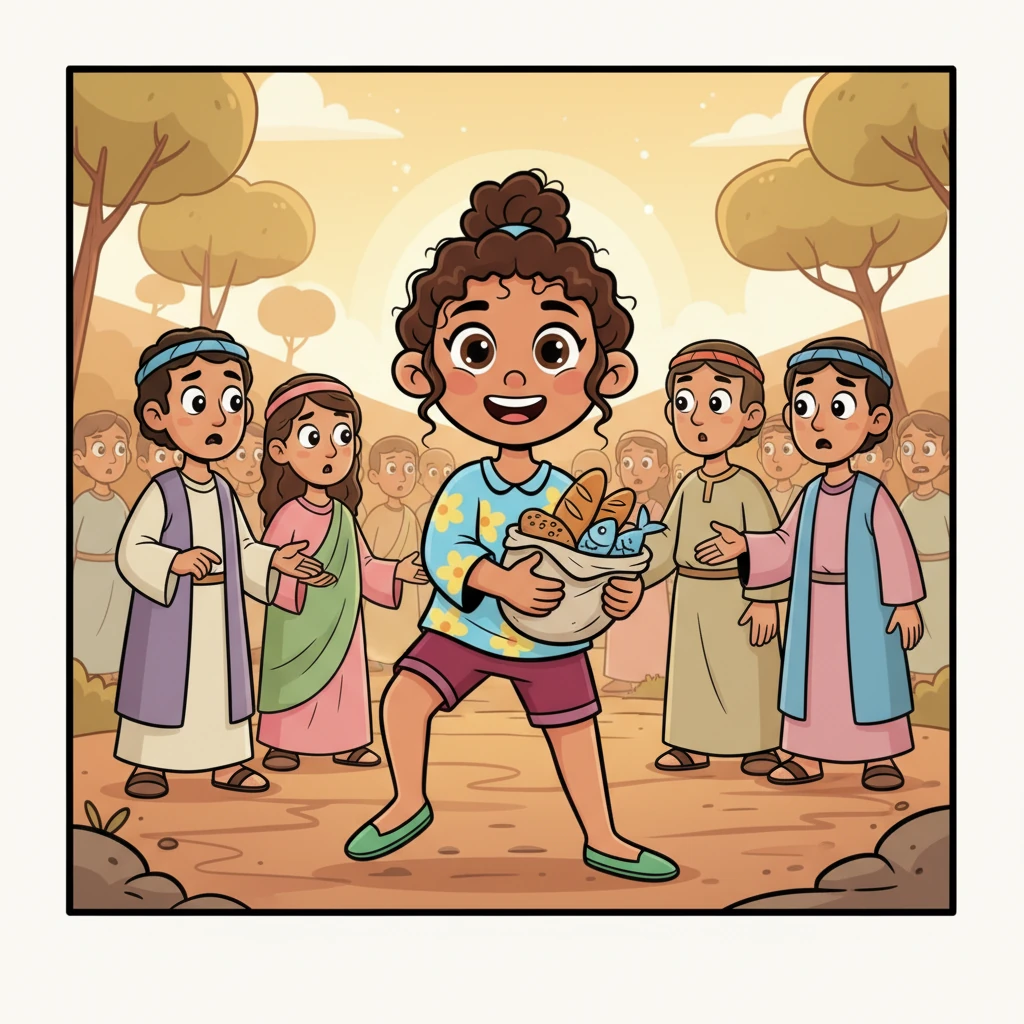 As the sermon ends, Avi overhears the healer's worried followers discussing how to feed the hungry multitude. With a brave heart, Avi steps forward, offering his humble bundle of bread and fish, a generous smile on his face.