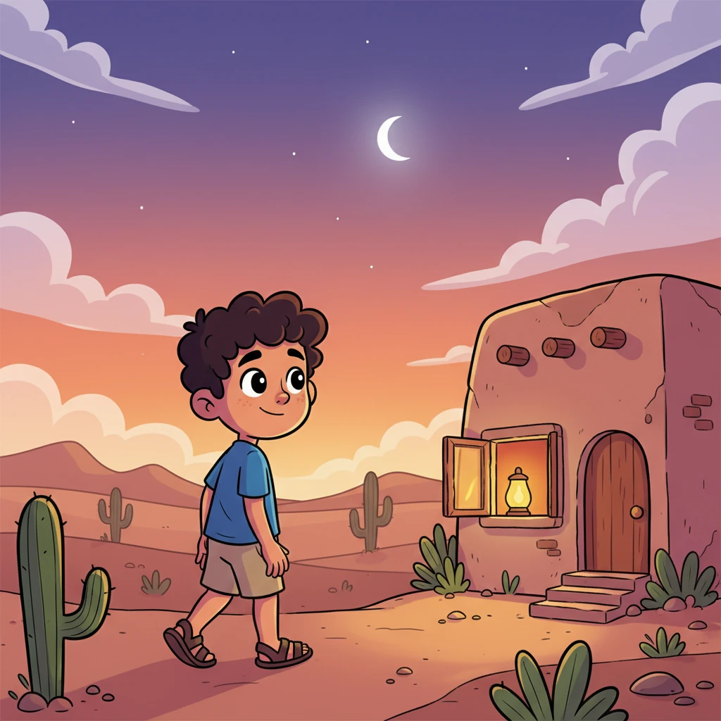 Feeling a quiet peace, Avi turns towards home, the desert sky painted in hues of orange and purple. Though he didn't ask for a favor, he feels a warmth in his heart. As he nears his house, a soft, flickering light catches his eye.