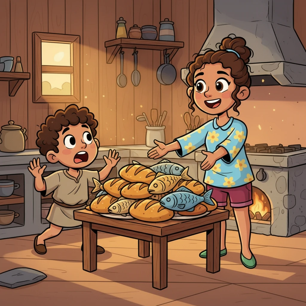 Avi rushes inside, his jaw dropping in joyful disbelief! His mother, vibrant and healthy, stands by the stove, cooking. The small table is laden with bountiful loaves and fish, a miraculous feast, as she embraces her astonished son.