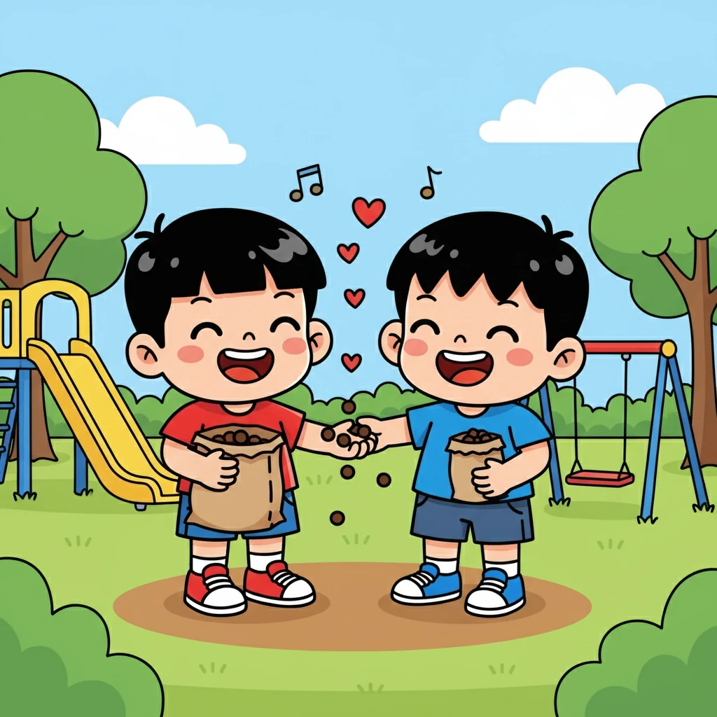 小明的口袋里装满了最喜欢的巧克力豆，他和小伙伴小明一起分享，友谊的甜蜜也让他的笑容更加灿烂，两个小伙伴一起开心地笑着，快乐在空气中弥漫。